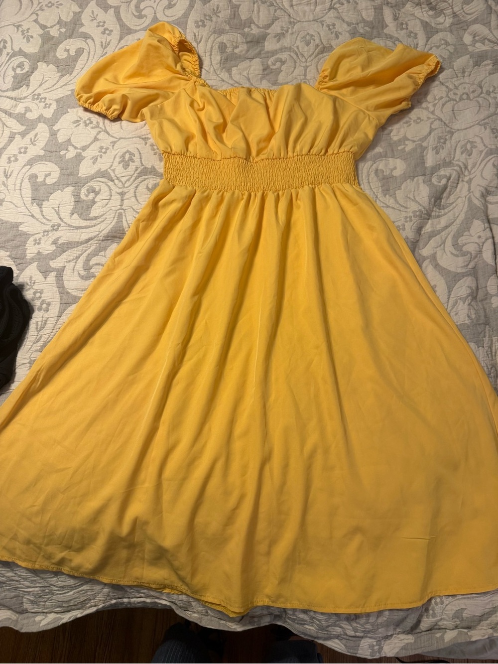 Yellow Smocked Waist Puff Sleeve Womens Dress xl